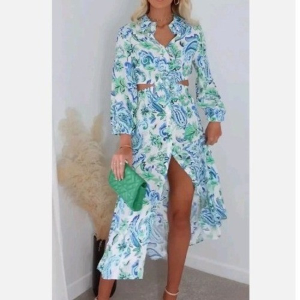 Zara Cutout Midi Dress Womens Medium Blue Green Paisley Button Front Floral